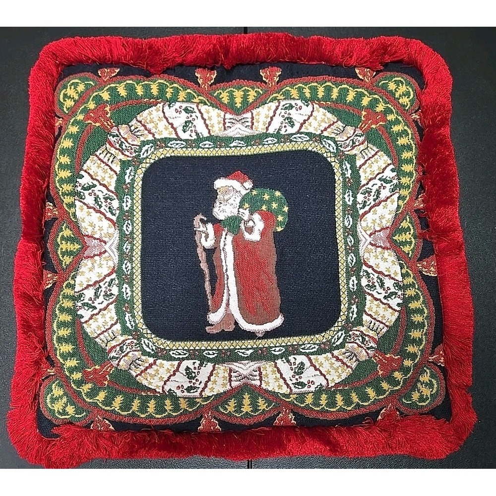 Vintage Christmas Tapestry Santa Clause Fringe Decorative Throw Pillow
